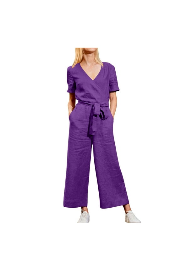 Women's One Piece Jumpsuits Dressy Casual Summer Short Sleeve Wrap V Neck Belted Wide Leg Pants Romper