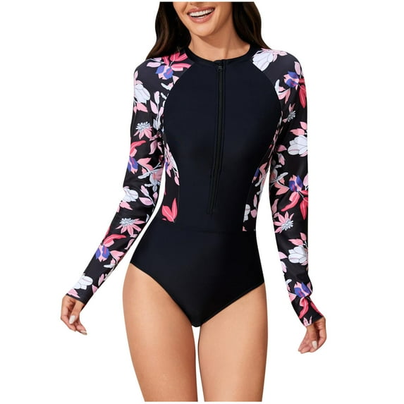 Generic Women's One Piece Rash Guard Long Sleeve Full Body Modest Swimsuits Zipper Front with Built in Bra