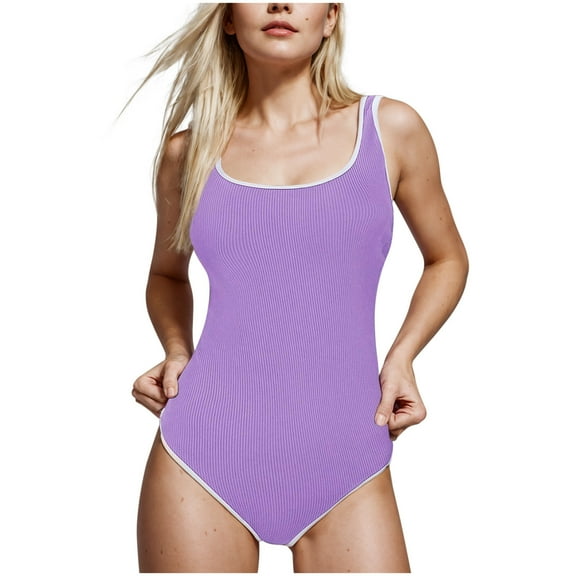 Generic Women's One Piece Swimsuit Ribbed Solid Color High Cut Bathing Suit Slimming Push Up Modest Sports Swimwear