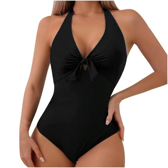 Generic Women's One Piece Swimsuits Halter Bow Tie Front Bathing Suits Push Up Swim Suits Slimming Tummy Control Swimwear