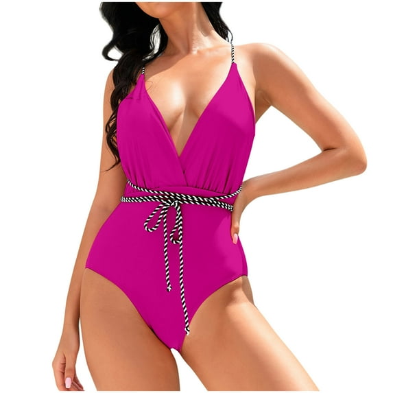Generic Women's One Piece Swimsuits High Cut String Sexy Bikini Sets Tummy Control Bathing Suits Push Up V Neck Swimwear