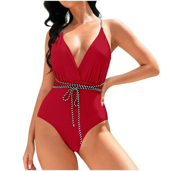 Generic Women's One Piece Swimsuits High Cut String Sexy Bikini Sets Tummy Control Bathing Suits Push Up V Neck Swimwear
