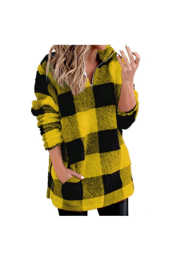 Women's Plaid Fleece Zip Sweatshirts Quarter Zip Long Sleeve Fluffy Tops Casual Warm Hoodie Pullover with Pocket