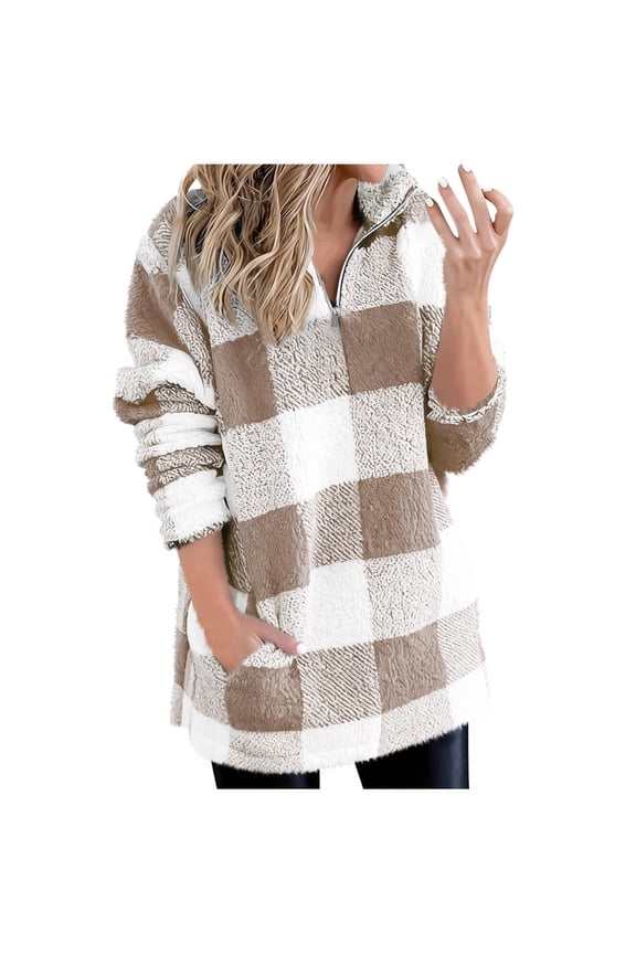 Women's Plaid Fleece Zip Sweatshirts Quarter Zip Long Sleeve Fluffy Tops Casual Warm Hoodie Pullover with Pocket