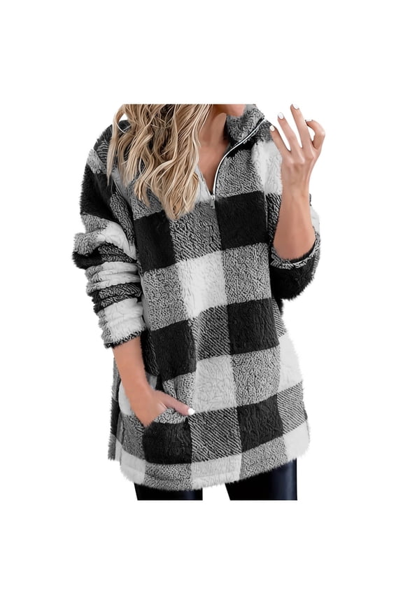 Women's Plaid Fleece Zip Sweatshirts Quarter Zip Long Sleeve Fluffy Tops Casual Warm Hoodie Pullover with Pocket