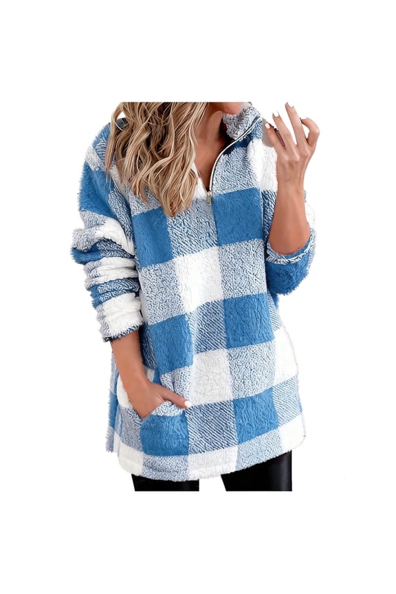 Women's Plaid Fleece Zip Sweatshirts Quarter Zip Long Sleeve Fluffy Tops Casual Warm Hoodie Pullover with Pocket