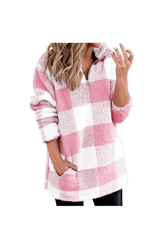 Women's Plaid Fleece Zip Sweatshirts Quarter Zip Long Sleeve Fluffy Tops Casual Warm Hoodie Pullover with Pocket