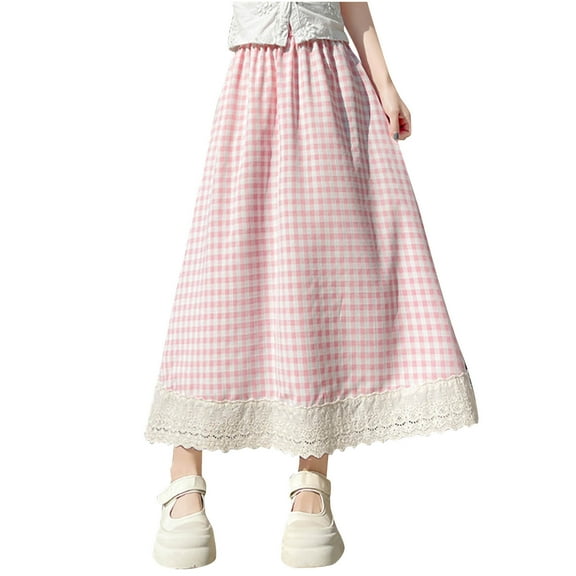 Generic Women's Plaid Midi Skirt High Waist Casual Skirts Lace Eyelet Ruffle Hem A Line Cute Going Out Maxi Skirt