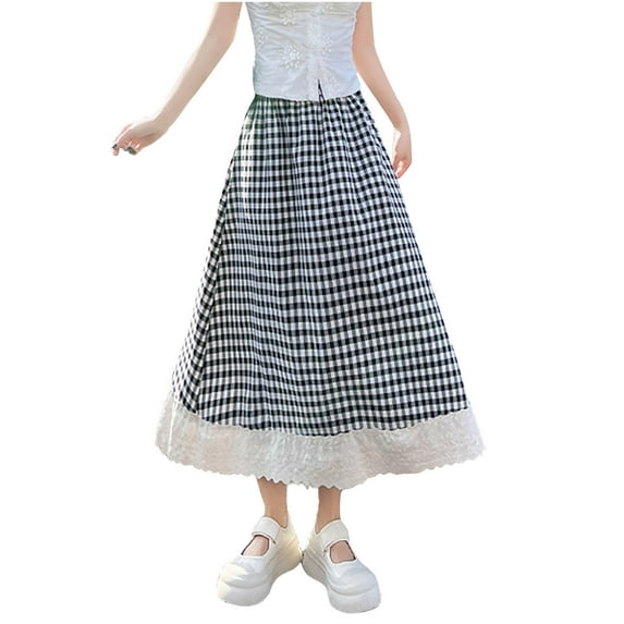 Generic Women's Plaid Midi Skirt High Waist Casual Skirts Lace Eyelet Ruffle Hem A Line Cute Going Out Maxi Skirt