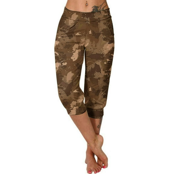 Generic Women's Plus Size Capris Pants Camo Print Elastic Waist Joggers Pants with Pockets