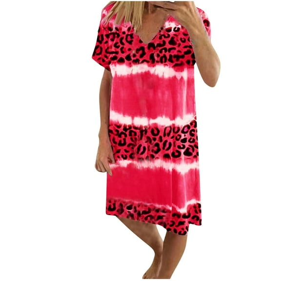 Generic Women's Plus Size Leopard Print Dresses V Neck Short Sleeve T Shirt Dress Summer Flowy Layered Beach Short Dresses