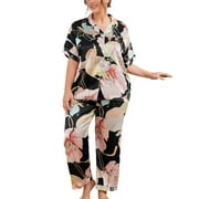 Generic Womens Plus Size Satin Pajama Set 2 Piece Notch Collar Sleepwear Loungewear