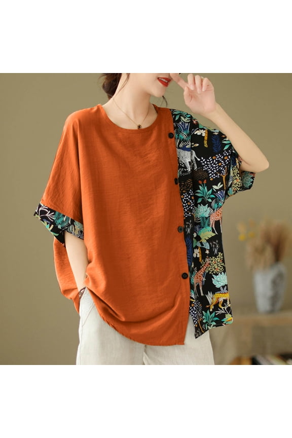 Women's Plus Size Shirts Ethnic Style Retro Chinese Loose T-Shirt Summer Casual Round Neck Short Sleeve Tops