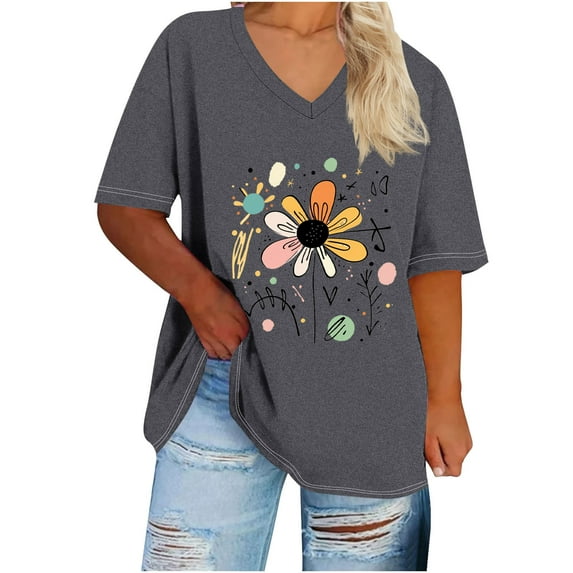 Generic Women's Plus Size Short Sleeve Tee Shirt V Neck Basic Ladies Loose Fit T Shirt