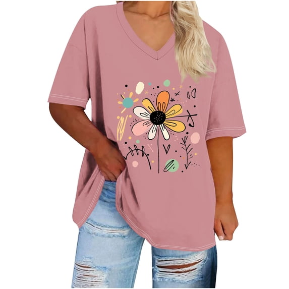 Generic Women's Plus Size Short Sleeve Tee Shirt V Neck Basic Ladies Loose Fit T Shirt