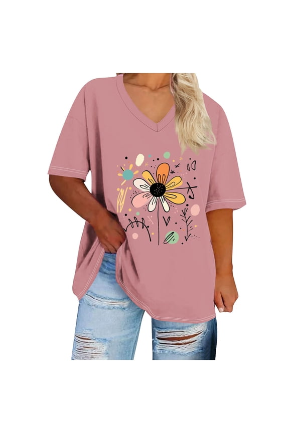 Women's Plus Size Short Sleeve Tee Shirt V Neck Basic Ladies Loose Fit T Shirt