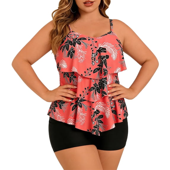 Generic Women's Plus Size Tankini Swimsuits Two Piece Tummy Control Bathing Suit Ruffle Swimsuits Swim Top with Boyshorts