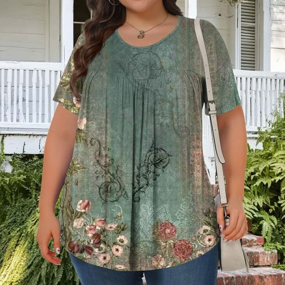Generic Women's Plus Size Tops Casual Short Sleeve Trendy Shirts Dressy Crewneck Polka Dot Printed Summer Ruched Tunic Blouses