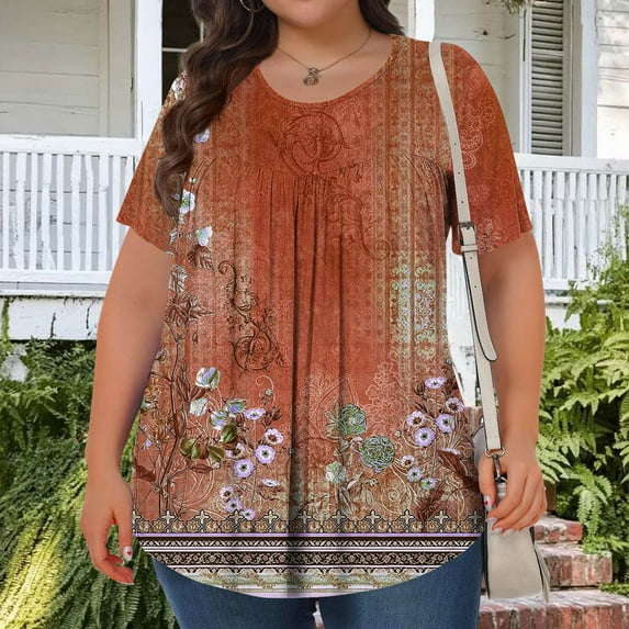 Generic Women's Plus Size Tops Casual Short Sleeve Trendy Shirts Dressy Crewneck Polka Dot Printed Summer Ruched Tunic Blouses
