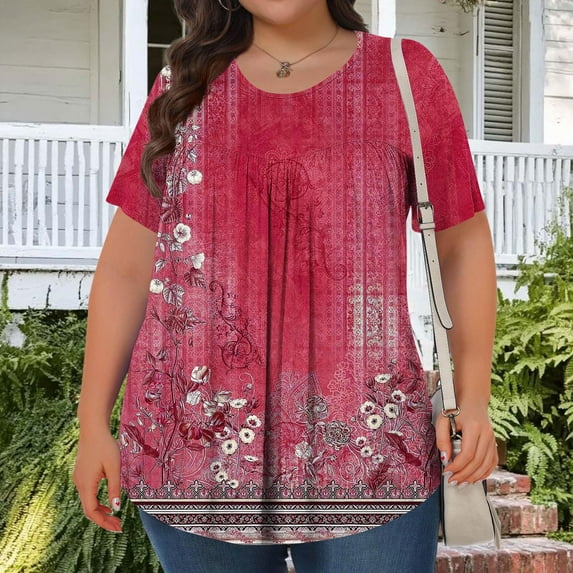 Generic Women's Plus Size Tops Casual Short Sleeve Trendy Shirts Dressy Crewneck Polka Dot Printed Summer Ruched Tunic Blouses