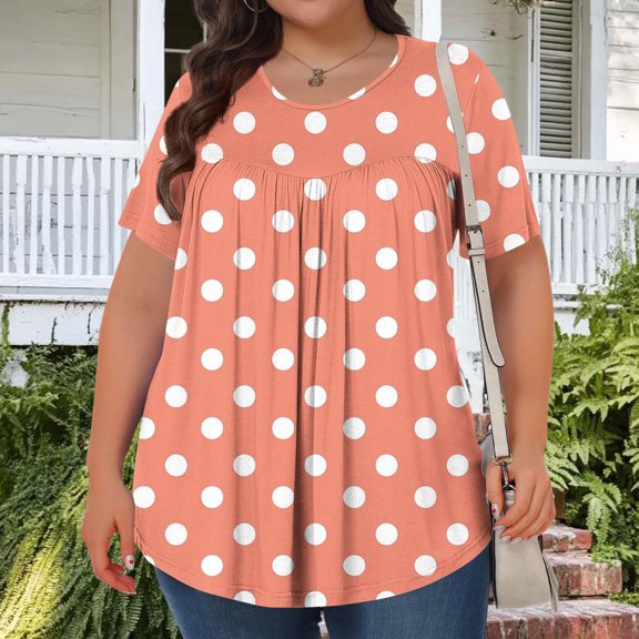 Generic Women's Plus Size Tops Casual Short Sleeve Trendy Shirts Dressy Crewneck Polka Dot Printed Summer Ruched Tunic Blouses
