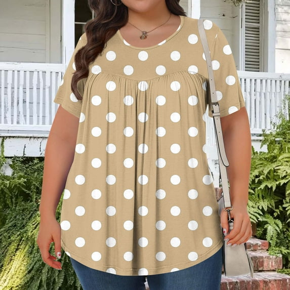 Generic Women's Plus Size Tops Casual Short Sleeve Trendy Shirts Dressy Crewneck Polka Dot Printed Summer Ruched Tunic Blouses