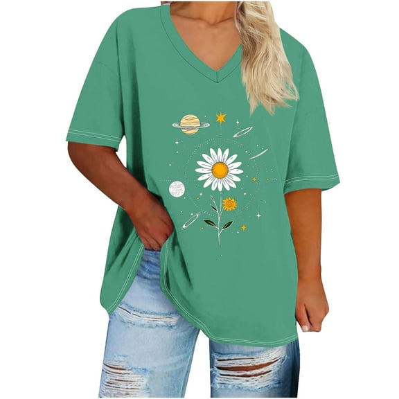 Generic Women's Plus Size V Neck T Shirts Summer Half Sleeve Tees Casual Loose Fit Cotton Tunic Tops