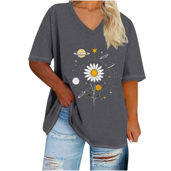 Generic Women's Plus Size V Neck T Shirts Summer Half Sleeve Tees Casual Loose Fit Cotton Tunic Tops