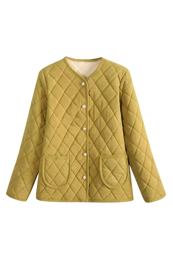 Women's Quilted Puffer Jacket Trendy Button Down Casual V Neck Warm Padded Down Coats Thick Warm Winter Outerwear