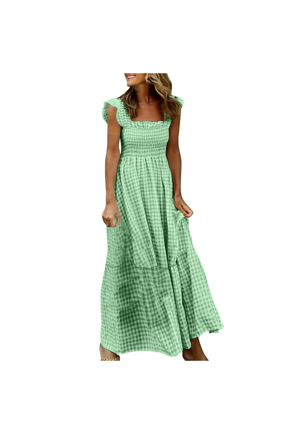 Women's Retro Plaid Smocked Dress Spaghetti Strap Flounce Long Dresses 2025