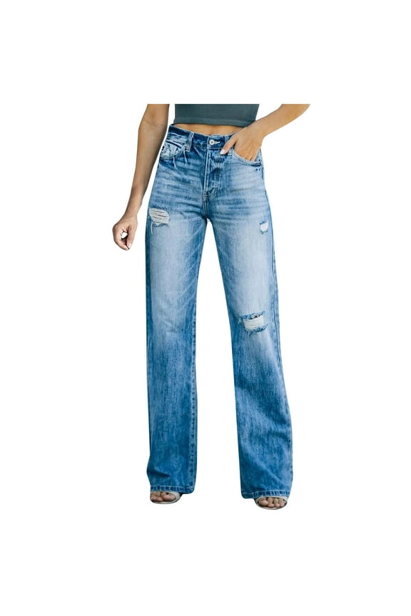 Women's Ripped High Waisted Flared Jeans Wide Leg Destroyed Denim Pants