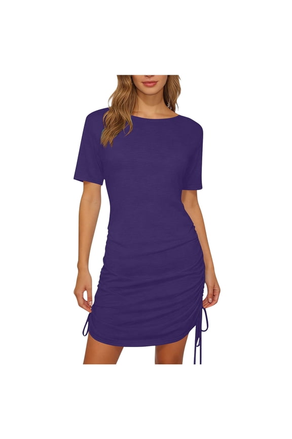 Women's Ruched Bodycon Mini Dress Drawstring Side Short Sleeve Crewneck Solid Color Tight Nightclub Party Dress