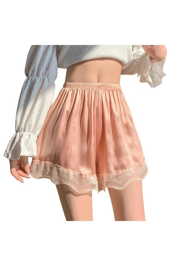 Women's Satin Safety Shorts High Waisted Lace Trim Elastic Waist Cute Bloomers Pettipants Under Skirt Sleepwear