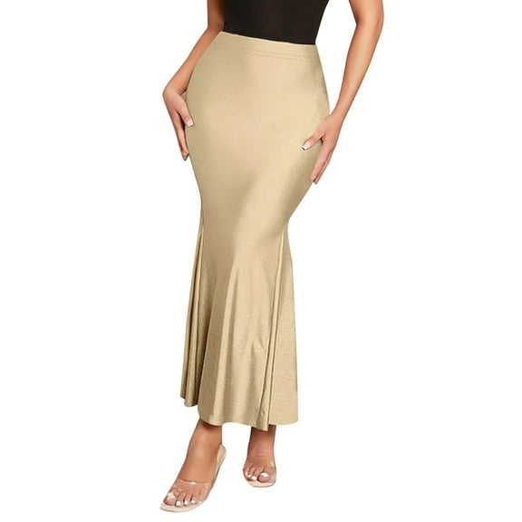 Generic Women's Satin Saree Shapewear Elegant Solid Color High Waist Hem Skirt Fashion Seamless Stretchable Long Skirts