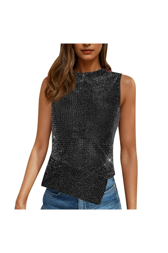 Women's Sequin Tank Top Mock Neck Sparkle Glitter Ruched Sleeveless Shirts Cap Sleeve Leather Camisole Tops