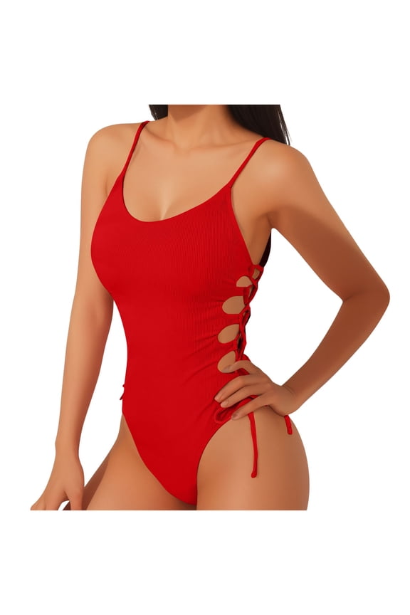Women's Sexy High Cut One Piece Swimsuit Scoop Neck Side Cut Out Straps Bathing Suit Backless Monokini Swimwear