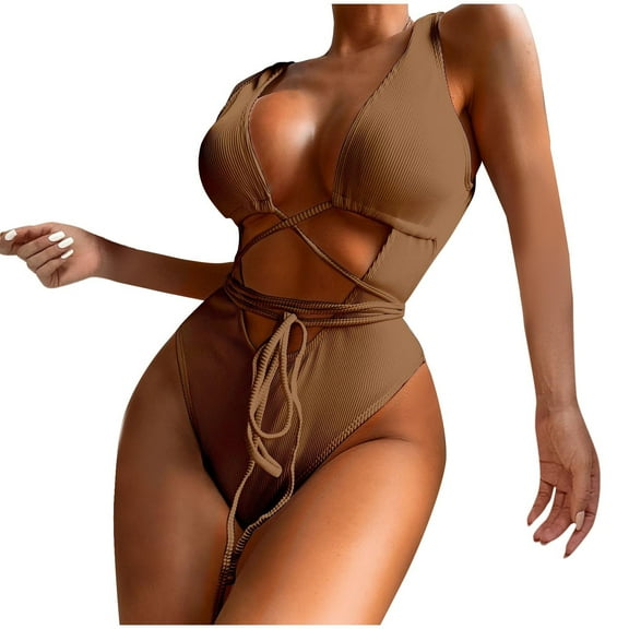 Generic Women's Sexy One Piece Swimsuits Deep V Neck Criss Cross Bathing Suit Sexy Backless Cut Out Textured Swimwear