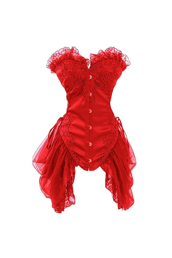 Women's Sexy Strapless Floral Embroidery Solid Gothic Corset with Lace Skirt