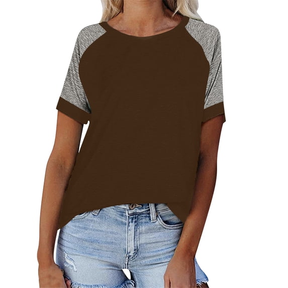 Generic Women's Short Raglan Sleeve T-Shirts Casual Color Block Crew Neck Tunic Tops