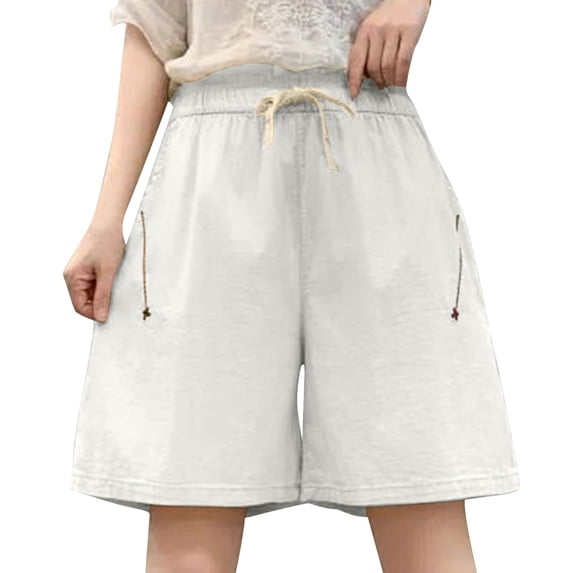 Generic Women's Shorts High Waisted Casual Summer Shorts with Pockets Elastic Waist Drawstring Loose Fit Cotton Linen Shorts