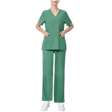 Generic Women's Solid Color V-neck Pocket Short Sleeved Pants Set Workwear Scrubs for Women Set