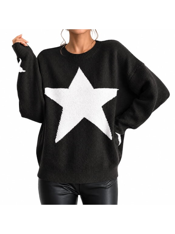 Generic Women's Star Knit Acrylic Sweater, Crew Neck Long Sleeve Loose Pullover Top
