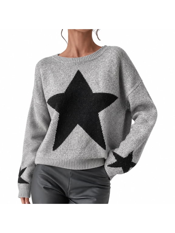 Generic Women's Star Knit Acrylic Sweater, Crew Neck Long Sleeve Loose Pullover Top