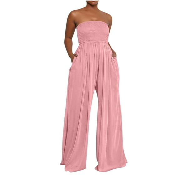 Generic Women's Strapless Tube Top Rompers Casual Off Shoulder Solid Color Belted Wide Leg Jumpsuit with Pockets