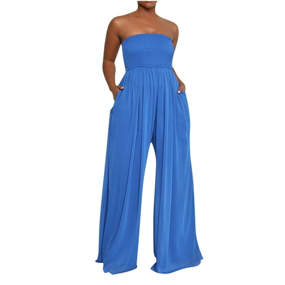 Generic Women's Strapless Tube Top Rompers Casual Off Shoulder Solid Color Belted Wide Leg Jumpsuit with Pockets
