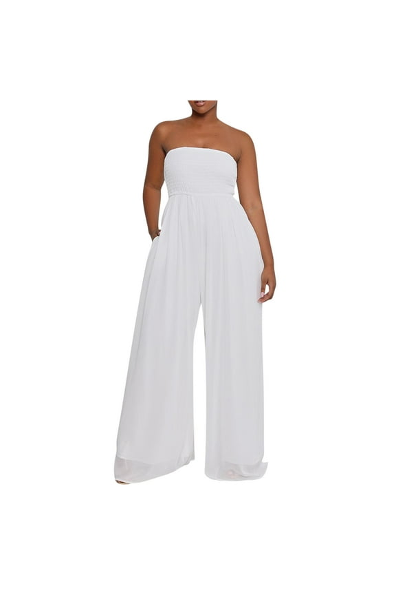 Women's Strapless Tube Top Rompers Casual Off Shoulder Solid Color Belted Wide Leg Jumpsuit with Pockets