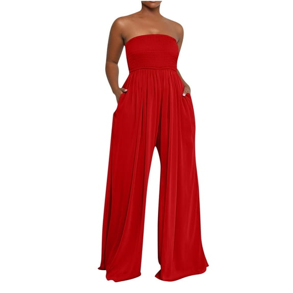Generic Women's Strapless Tube Top Rompers Casual Off Shoulder Solid Color Belted Wide Leg Jumpsuit with Pockets