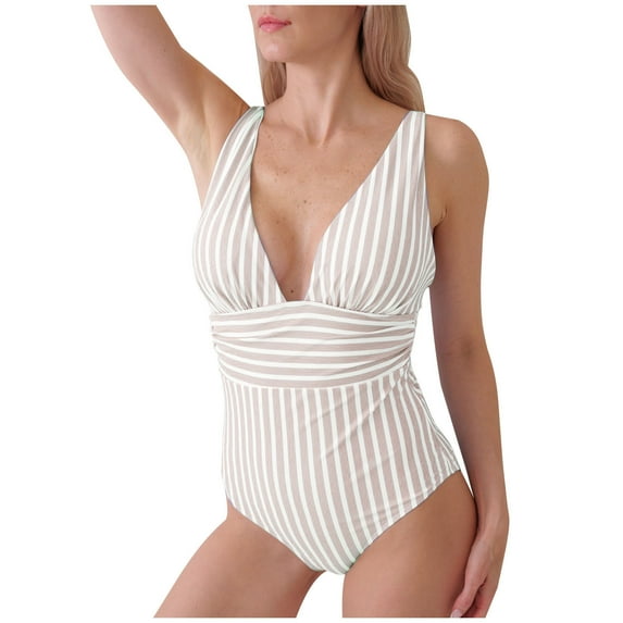 Generic Women's Striped One Piece Swimsuits Tummy Control High Waist V Neck Bathing Suit Sexy Slimming Vintage Swimwear