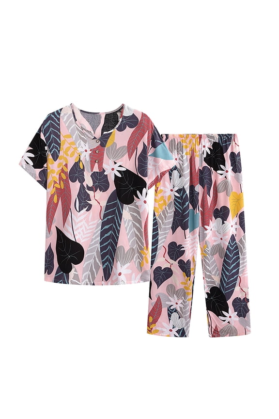 Women's Summer Capri Pajama Set Short Sleeve Shirt and Pajama Pants 2 Piece Ladies Pjs Sets