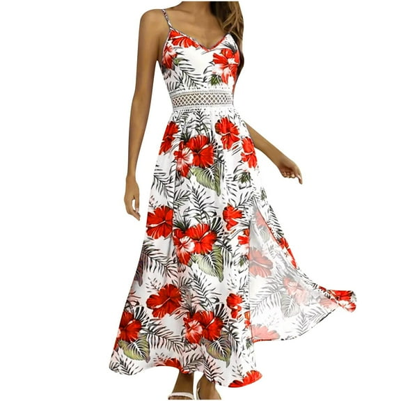 Generic Women's Summer Dress V Neck Floral Maxi Tropical Long Beach Vacation Side Slit Dress